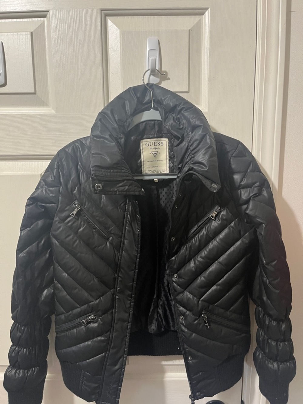 Guess Women's Black Quilted Puffer Jacket with High Collar
